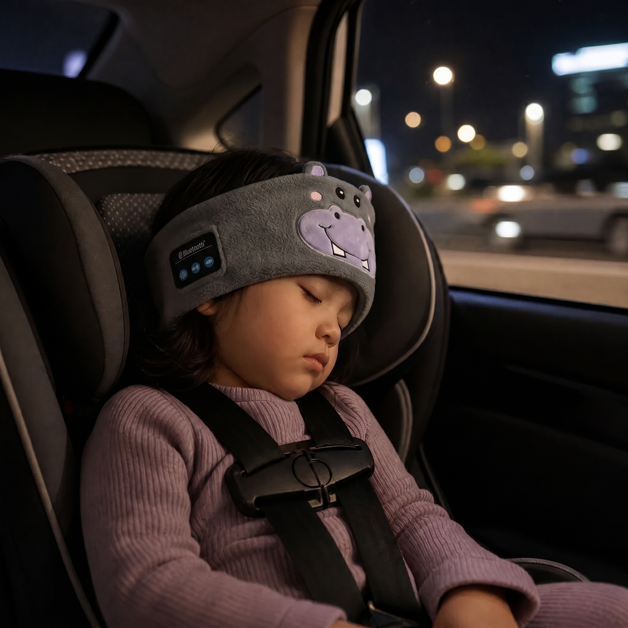 Niño durmiendo en el coche con banda Bubu